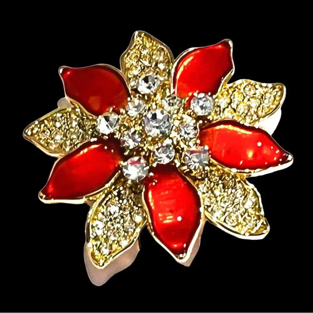 NEW Charter Club POINSETTIA FLOWER BROOCH Red Gold Tone Crystal Rhinestone Box